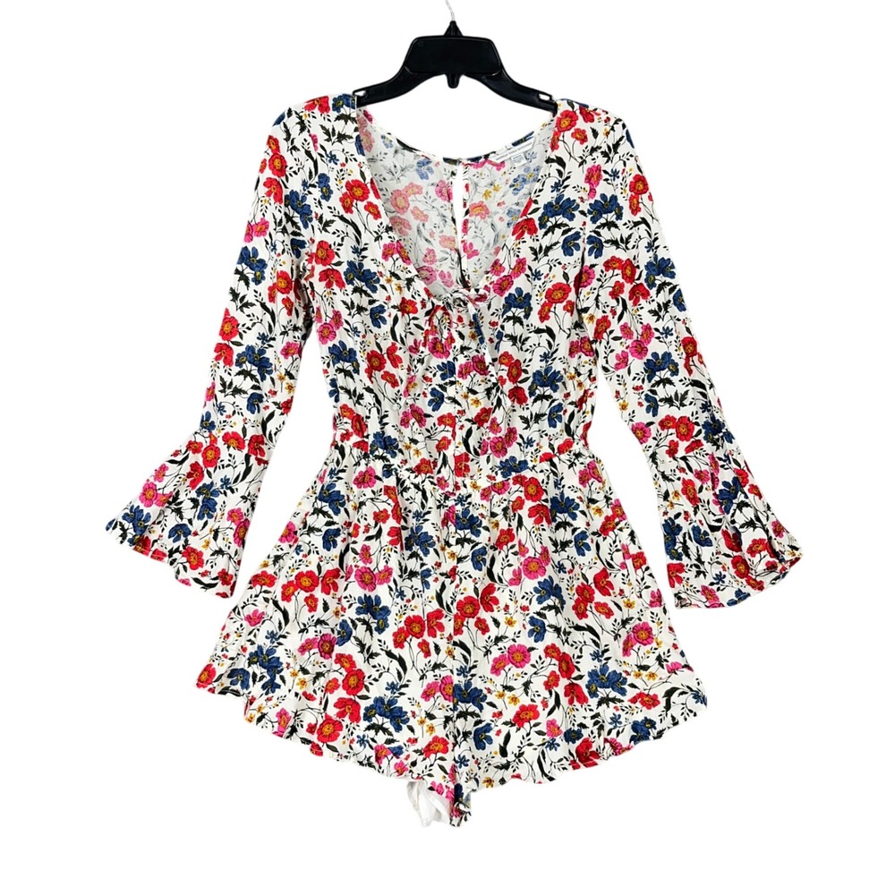 American Eagle Floral Romper S Bell Sleeve Boho Cottagecore Romantic Feminine
